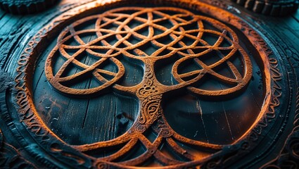 Intricate Tree of Life Carving on Wooden Surface: A detailed, warm-toned piece in rustic design