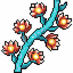 Fototapeta premium Pixel art branch with vibrant red blooming flowers and green stem, retro video game illustration on white background