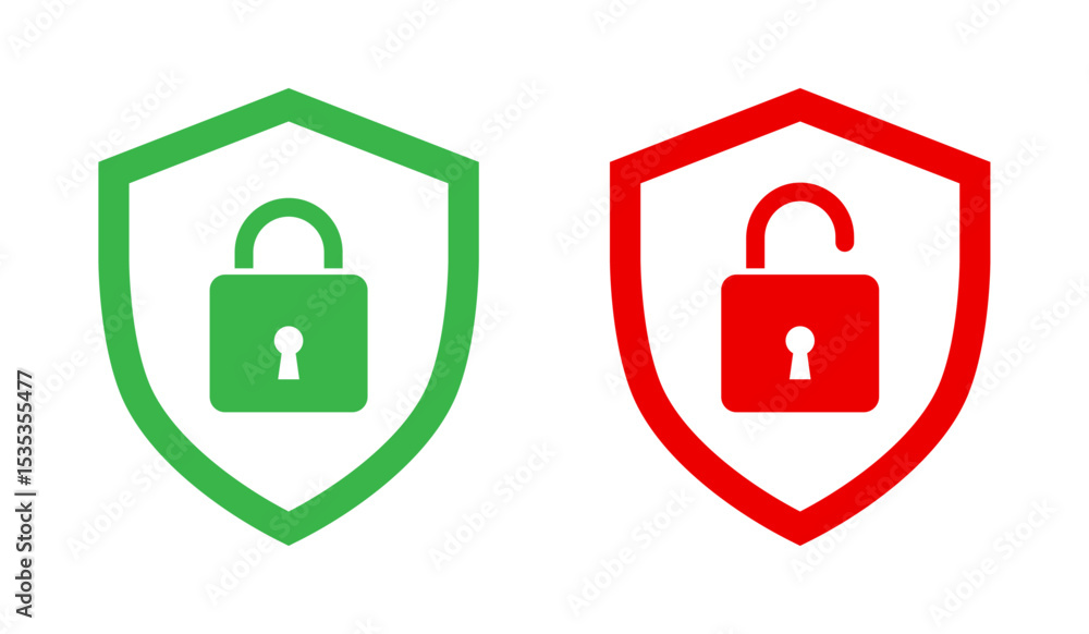 Poster shield with lock and unlock symbol security icon set in red and green color outline style vector ill