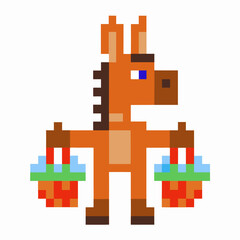 Obraz premium Pixel art donkey carrying baskets, simple retro animal design, 8 bit illustration, farm transport mascot character