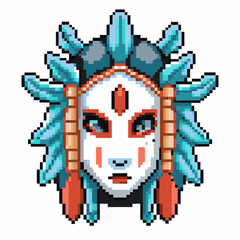 Obraz premium Pixel art shaman mask with blue feathers and red facial markings digital tribal avatar icon, retro game character concept