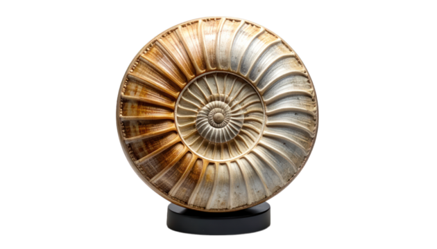 Fossil ammonite shell on pedestal on transparent background