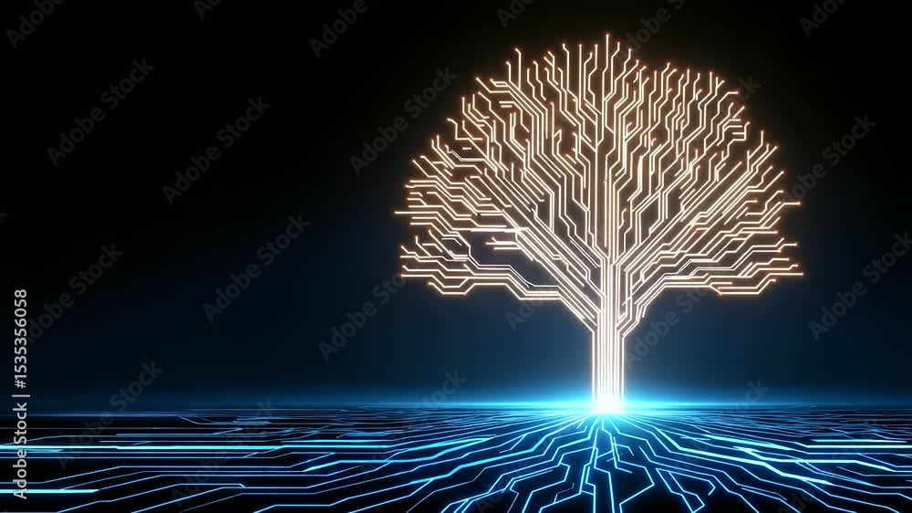 Poster a futuristic tree with organic elements pulses with neon light on a circuit board.