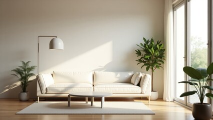 Sun-drenched living room with a neutral color scheme.