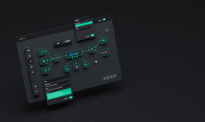 AI workflow automation artificial intelligence software interface nodes triggers data tool dashboard coding icon flow process technology 3d rendering.