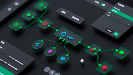 AI workflow automation artificial intelligence software interface nodes triggers data tool dashboard coding icon flow process technology 3d rendering.