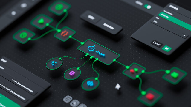 AI workflow automation artificial intelligence software interface nodes triggers data tool dashboard coding icon flow process technology 3d rendering. - Powered by Adobe