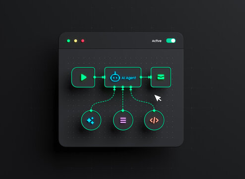 AI workflow automation artificial intelligence software interface nodes triggers data tool dashboard coding icon flow process technology 3d rendering.