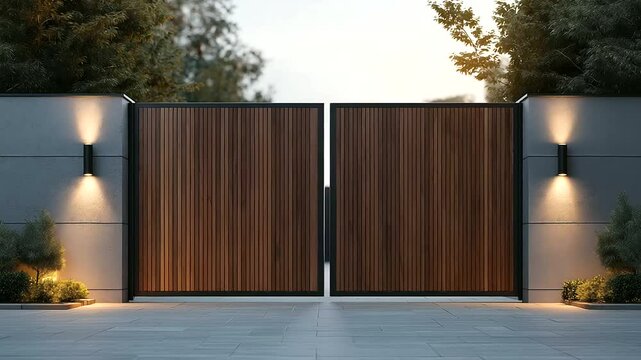 Sleek dark oak sliding gate complements a modern gray stone wall.
