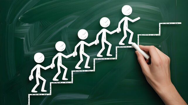 Chalk drawing of stick figures helping each other up stairs representing teamwork mentoring and support