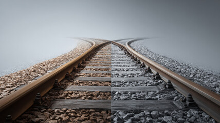 A train track split in two directions, one smooth, the other full of obstacles, symbolizing the unequal career paths for men and women