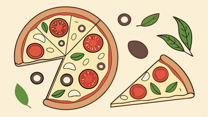 Hand drawn vector illustration of pizza with tomatoes basil and olives on a white background