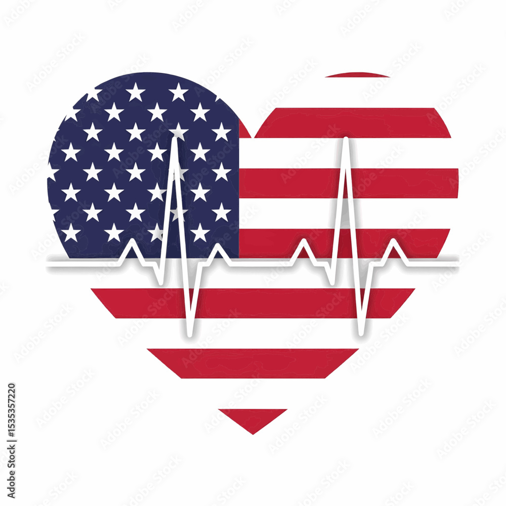 Poster heart shape filled with us flag pattern, overlaid with white ecg line, displaying stars and stripes 