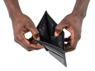 Close-up of hands holding an empty black leather wallet, isolated on white background, symbolizing financial hardship or lack of money cut out isolated Transparent PNG Elements