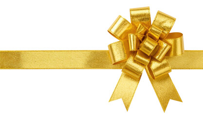 Shiny golden ribbon with decorative bow isolated on white background, ideal for celebration, gift wrapping, and festive design concepts cut out isolated Transparent PNG Elements