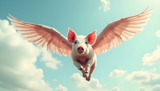 Flying pig with large wings soaring in the sky among clouds symbolizing freedom and creative imagination