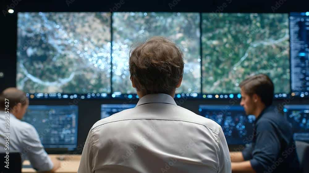 Poster emergency response team coordinates flood rescue efforts using drones and gps in a crisis room.