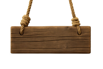 Weathered wooden sign suspended from ropes, ready for custom messaging against transparent backdrop