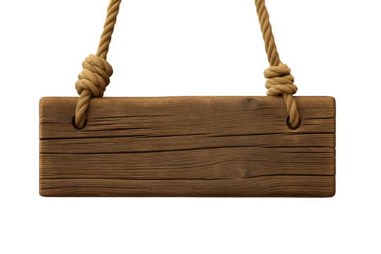 Weathered wooden sign suspended from ropes, ready for custom messaging against transparent backdrop
