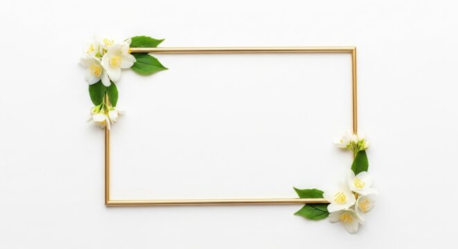Minimalist white background, thin gold rectangular frame with small delicate white jasmine flowers on corners, no people.