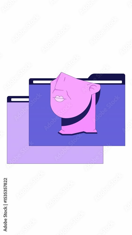 Poster surreal sculptural head in file folders 2d cartoon vertical animation. retro futuristic interface. y