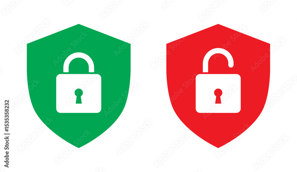 Poster security shield with lock and unlock icon set in red and green color. shield icon for security, priv