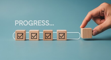 Checklist and task progress tracking concept. A hand placing the final checkmark on wooden blocks in a progress bar, task completion, productivity, goal setting, and efficient project management. 