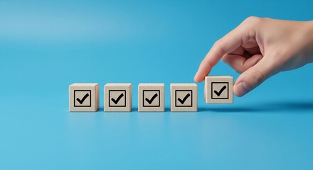 Checklist and task progress tracking concept. A hand placing the final checkmark on wooden blocks in a progress bar, task completion, productivity, goal setting, and efficient project management. 