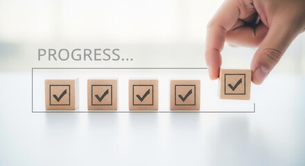 Checklist and task progress tracking concept. A hand placing the final checkmark on wooden blocks in a progress bar, task completion, productivity, goal setting, and efficient project management. 
