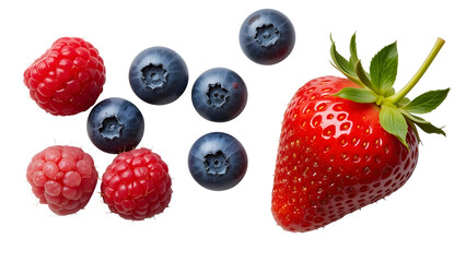 Obraz premium Isolated arrangement of fresh raspberries blueberries and a strawberry on a white background