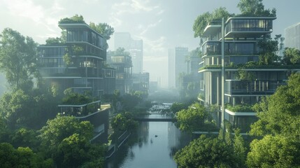 Obraz premium Sustainable Urban Architecture with Lush Greenery and Modern Buildings Reflecting in Waterway Under Soft Morning Light