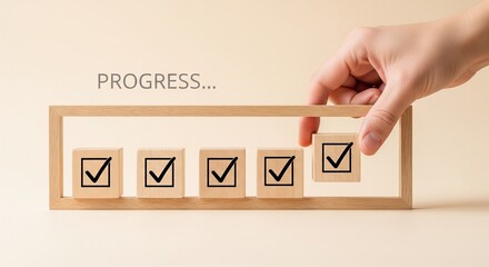 Checklist and task progress tracking concept. A hand placing the final checkmark on wooden blocks in a progress bar, task completion, productivity, goal setting, and efficient project management. 