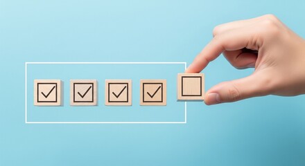 Checklist and task progress tracking concept. A hand placing the final checkmark on wooden blocks in a progress bar, task completion, productivity, goal setting, and efficient project management. 