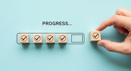 Checklist and task progress tracking concept. A hand placing the final checkmark on wooden blocks in a progress bar, task completion, productivity, goal setting, and efficient project management. 