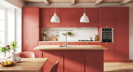 Fototapeta premium Interior of a modern kitchen in Provence style with beautiful furniture in sunlight.