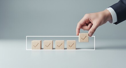 Checklist and task progress tracking concept. A hand placing the final checkmark on wooden blocks in a progress bar, task completion, productivity, goal setting, and efficient project management. 