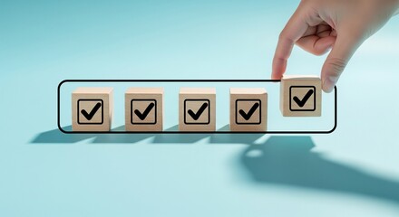Checklist and task progress tracking concept. A hand placing the final checkmark on wooden blocks in a progress bar, task completion, productivity, goal setting, and efficient project management. 