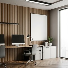  Modern office interior with computer desk, vertical slats and blank poster on wall, bright window view and minimal workspace concept. 3D Rendering 