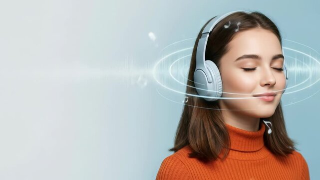 Woman with closed eyes enjoying music in headphones with sound wave equalizer. Digital audio entertainment and relaxation concept. Footage.