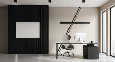  Modern office interior with computer desk, vertical slats and blank poster on wall, bright window view and minimal workspace concept. 3D Rendering 