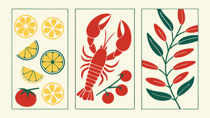 Hand drawn vector illustrations of seafood citrus and botanical elements with modern design