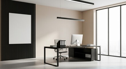  Modern office interior with computer desk, vertical slats and blank poster on wall, bright window view and minimal workspace concept. 3D Rendering 
