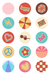 Highlights icons sun, flower, heart, pacific, squares, circle, lighning, glasses, cassettes in retro groovy style y2k set for stickers, icons