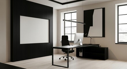  Modern office interior with computer desk, vertical slats and blank poster on wall, bright window view and minimal workspace concept. 3D Rendering 