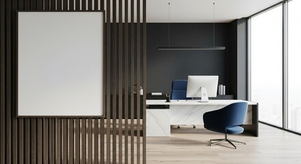  Modern office interior with computer desk, vertical slats and blank poster on wall, bright window view and minimal workspace concept. 3D Rendering 