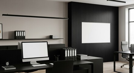  Modern office interior with computer desk, vertical slats and blank poster on wall, bright window view and minimal workspace concept. 3D Rendering 