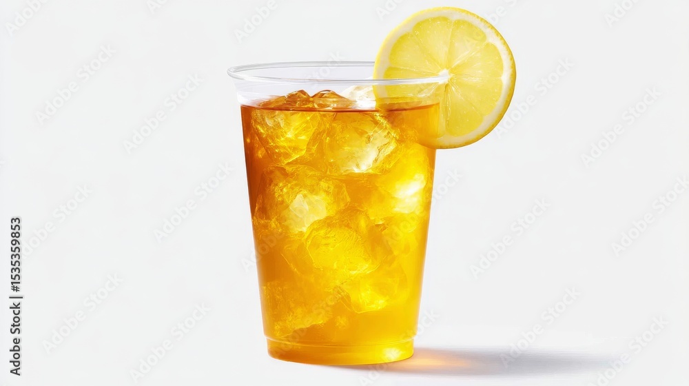 Poster refreshing iced tea in a clear cup with ice cubes. bright yellow color and a slice of lemon enhance 