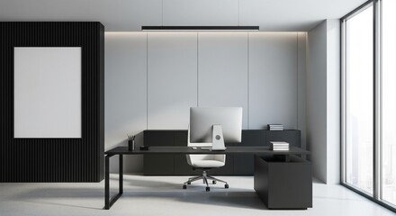  Modern office interior with computer desk, vertical slats and blank poster on wall, bright window view and minimal workspace concept. 3D Rendering 
