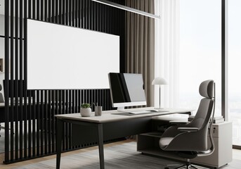  Modern office interior with computer desk, vertical slats and blank poster on wall, bright window view and minimal workspace concept. 3D Rendering 