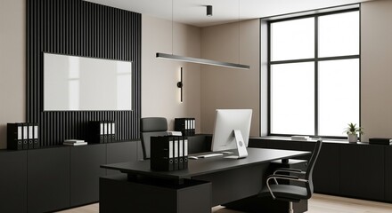  Modern office interior with computer desk, vertical slats and blank poster on wall, bright window view and minimal workspace concept. 3D Rendering 